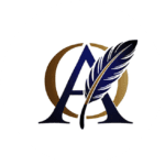 Logo with overlapping letters "A" and "O" in dark blue and gold. A feather quill is positioned diagonally across the letters.