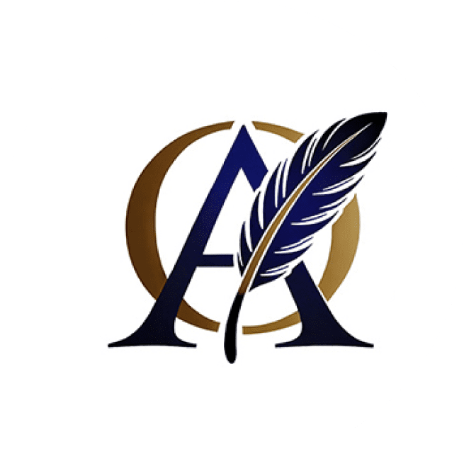 Logo with overlapping letters "A" and "O" in dark blue and gold. A feather quill is positioned diagonally across the letters.