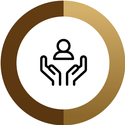 Icon of two hands supporting a person inside a gold and brown circle.